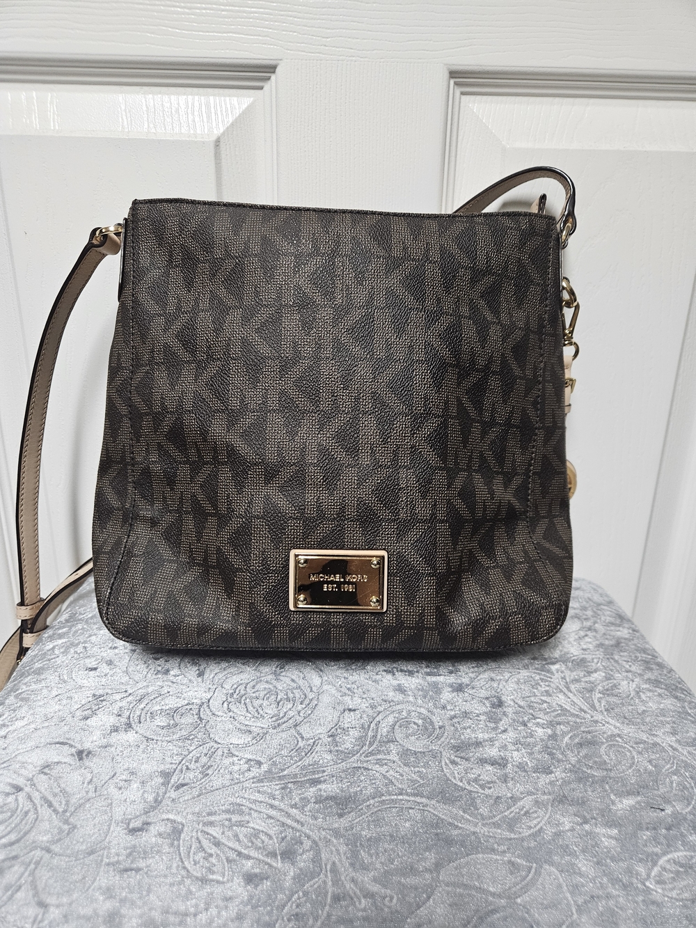 Michael Kors Dark Brown MK Logo Crossbody with Gold Hardware